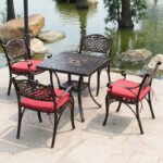 ROYAL HERITAGE CAST ALUMINUM OUTDOOR DINING SET WITH RED CUSHIONED CHAIRS