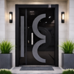 LUXURY BLACK GLASS DOOR WITH MODERN GEOMETRIC ACCENTS