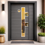 HORIZONTAL PANEL SECURITY DOOR WITH GOLD ACCENT GLASS PANEL