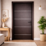 MODERN DARK WOOD INTERIOR DOOR WITH METAL STRIP ACCENTS