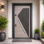GEOMETRIC PANEL SECURITY DOOR WITH ANGLED DESIGN ACCENT
