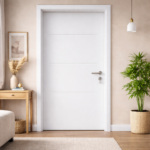 MODERN DARK WOOD INTERIOR DOOR WITH METAL STRIP ACCENTS - Image 2