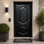 MODERN BLACK STEEL SECURITY DOOR WITH DECORATIVE PANEL DESIGN
