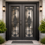 MAJESTIC BLACK DOUBLE DOOR WITH ORNATE GLASS DESIGN