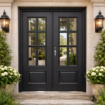 MODERN BLACK DOUBLE FRONT DOOR WITH GLASS PANELS
