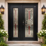 ELEGANT BLACK DOUBLE DOOR WITH DECORATIVE GLASS PANELS