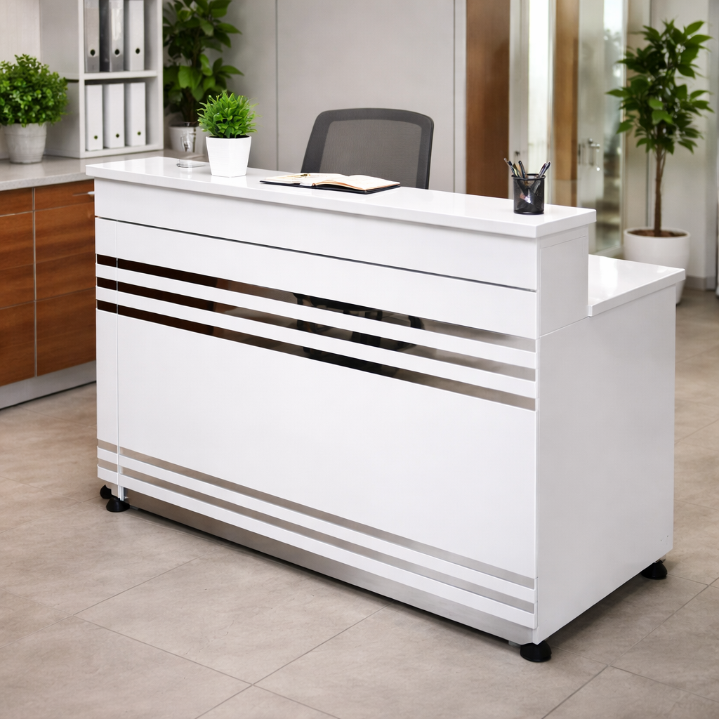 file_00000000849071fd91ed606e0fc5119f MODERN WHITE RECEPTION DESK WITH CHROME ACCENTS - Image 1