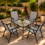PATIO DINING SET WITH TEMPERED GLASS TABLE AND FOLDING SLING CHAIRS