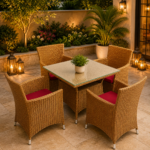 NATURAL RATTAN SQUARE GLASS PATIO DINING SET WITH RED SEAT PADS