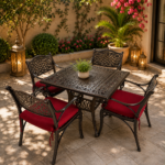 ANTIQUE BRONZE SQUARE LATTICE PATIO BISTRO TABLE AND ARMCHAIR SET