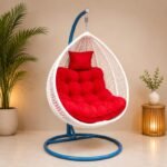 STYLISH WHITE WICKER HANGING EGG SWING CHAIR WITH SAPPHIRE AND RUBY ACCENTS