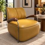 LUXURY MUSTARD LEATHER & WOODEN-ARM ACCENT CHAIR