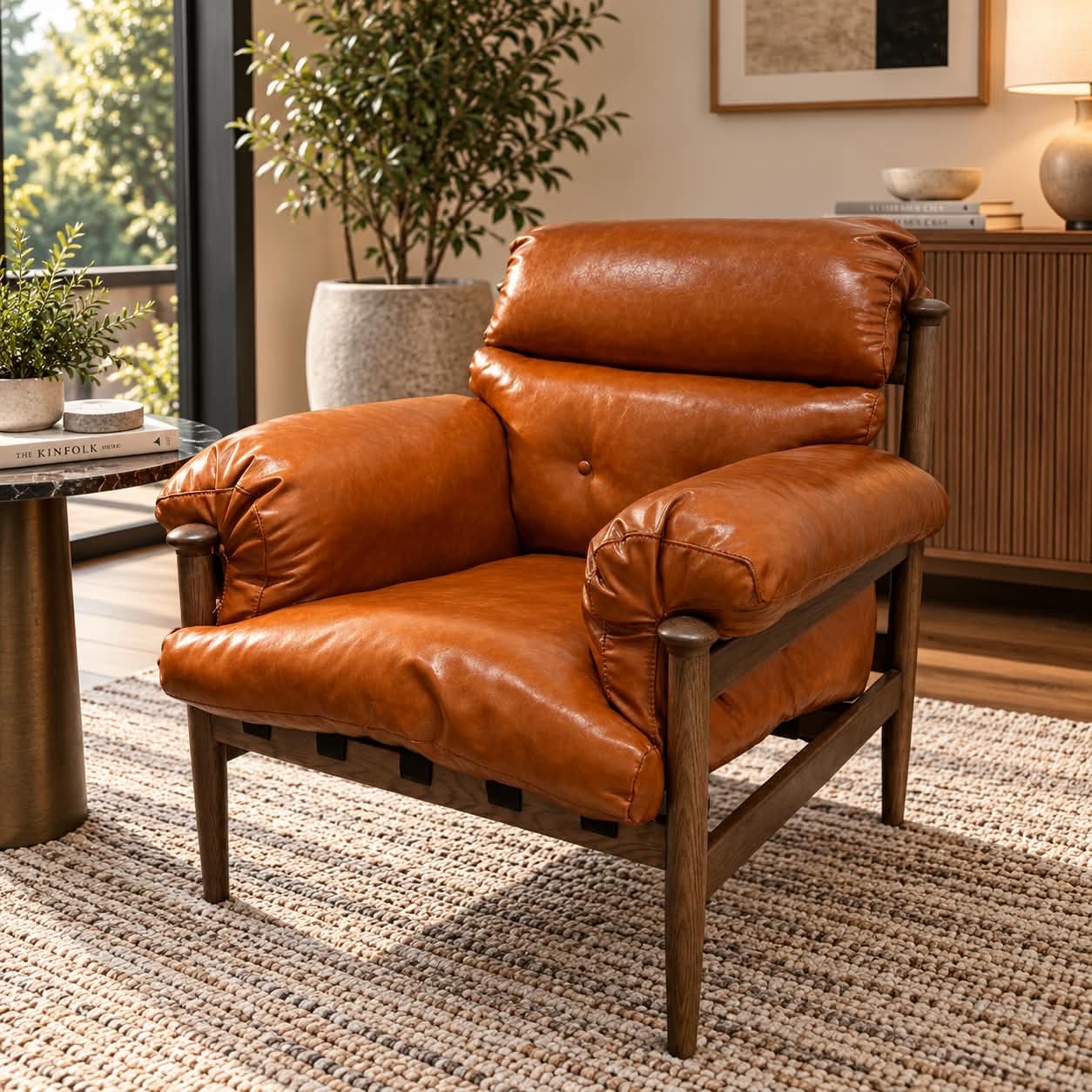 ACCENT CHAIR MID-CENTURY COGNAC LEATHER ACCENT CHAIR - Image 1