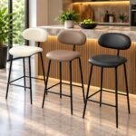 MODERN ERGONOMIC UPHOLSTERED LEATHERETTE BAR STOOL WITH SLEEK BLACK METAL LEGS AND BUILT-IN FOOTREST