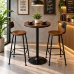 MODERN INDUSTRIAL WOODEN SEAT BAR STOOL WITH MATTE BLACK METAL FRAME AND CURVED BACKREST