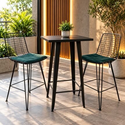 ELEGANT 3-PIECE BLACK METAL PATIO HIGH-TOP BAR TABLE AND WIRE CHAIR SET WITH EMERALD GREEN CUSHIONS