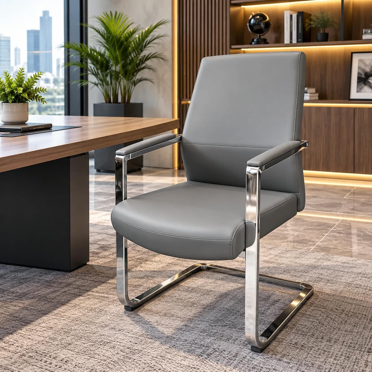 CHAIR SLIMLINE GREY LEATHERETTE CANTILEVER EXECUTIVE CHAIR - Image 1