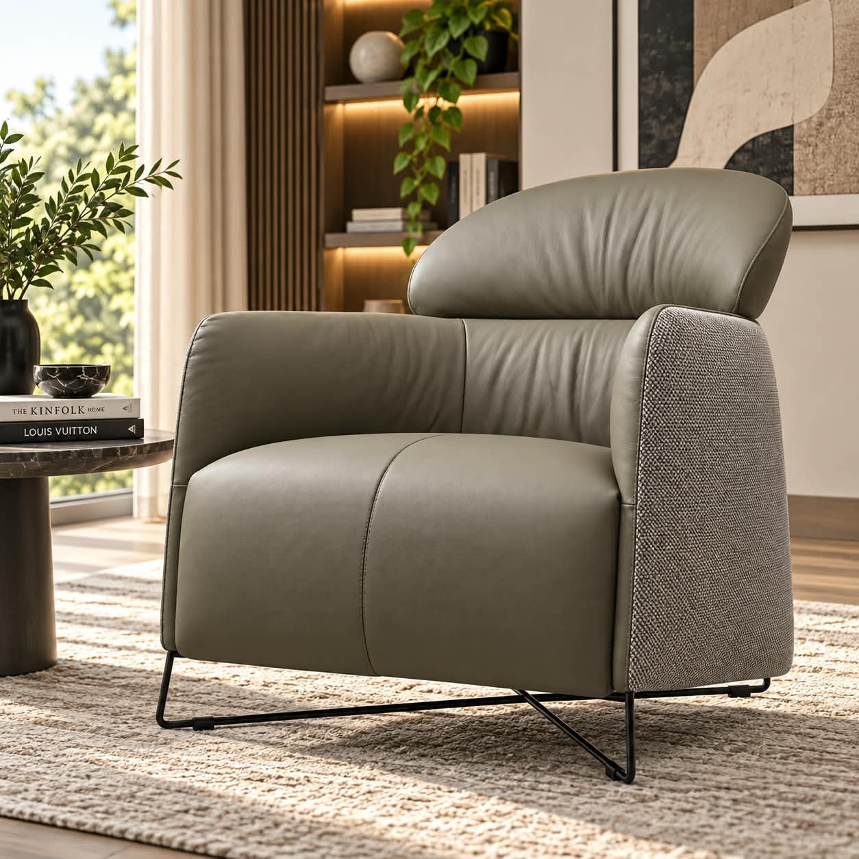 CHAIR CONTEMPORARY DUAL-TEXTURED LEATHER & BOUCLÉ ACCENT CHAIR - Image 1