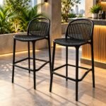 MODERN BLACK SLATTED OUTDOOR BAR STOOLS (SET OF 2)