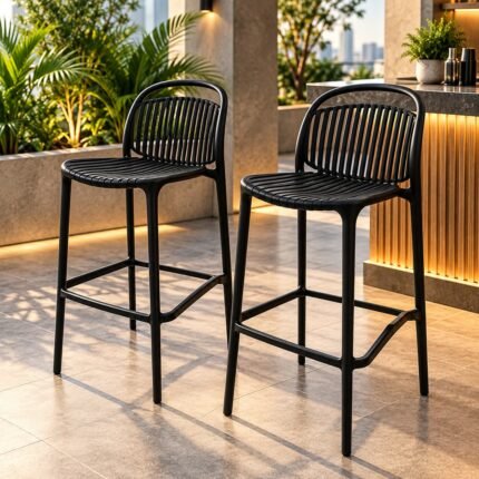 MODERN BLACK SLATTED OUTDOOR BAR STOOLS (SET OF 2)