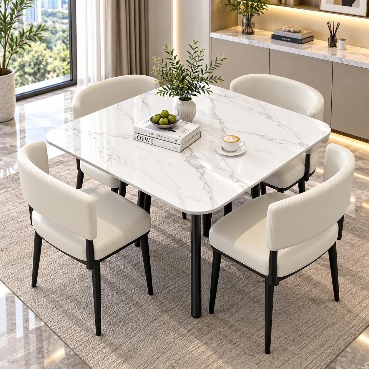 LUXE DININGSET CARRARA ELEGANCE 4-PIECE MARBLE & LEATHERETTE DINING SET - Image 1