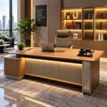 REFINED LED WOODEN OFFICE DESK WITH INTEGRATED CABLE MANAGEMENT & FLUTED LIGHTED PANEL