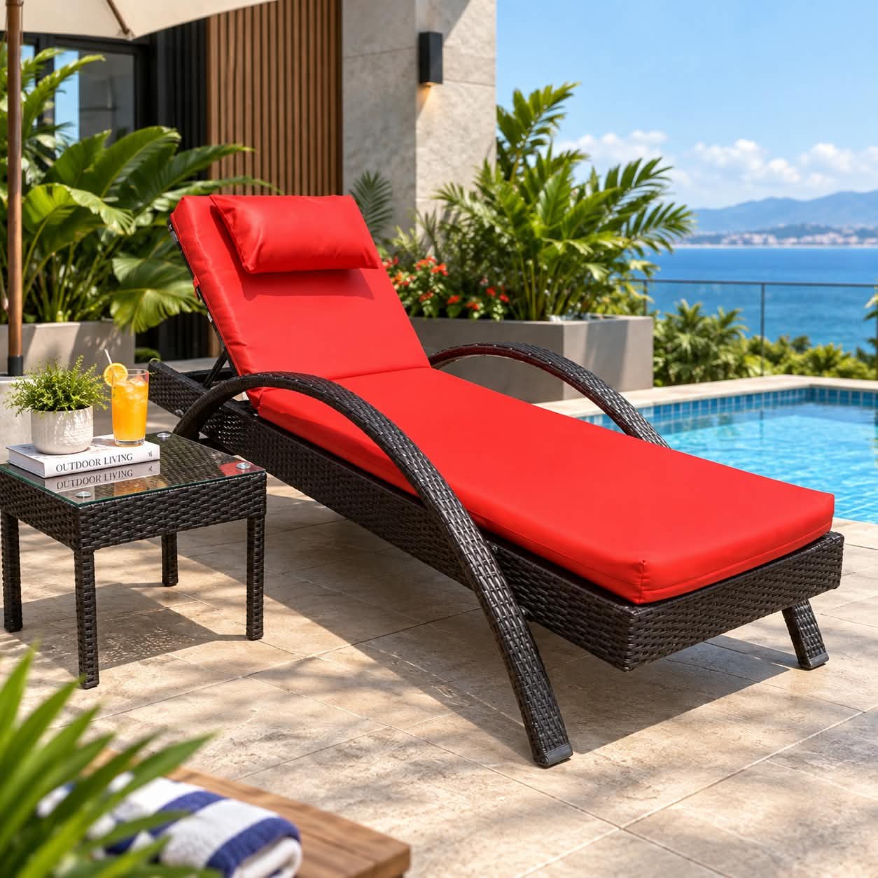OUTDOOR MODERN CURVED WICKER OUTDOOR CHAISE LOUNGE WITH VIBRANT RED CUSHION - Image 1