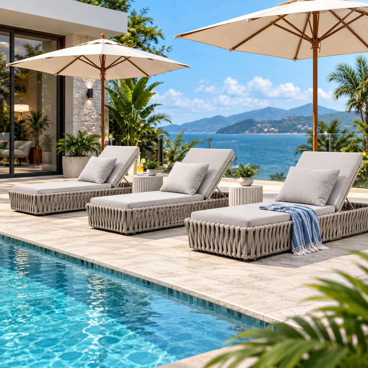 COASTAL ROPE & CUSHIONED OUTDOOR CHAISE LOUNGE - Image 1