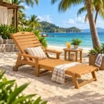 TEAK WOOD RECLINING OUTDOOR CHAISE LOUNGE WITH WHEELS