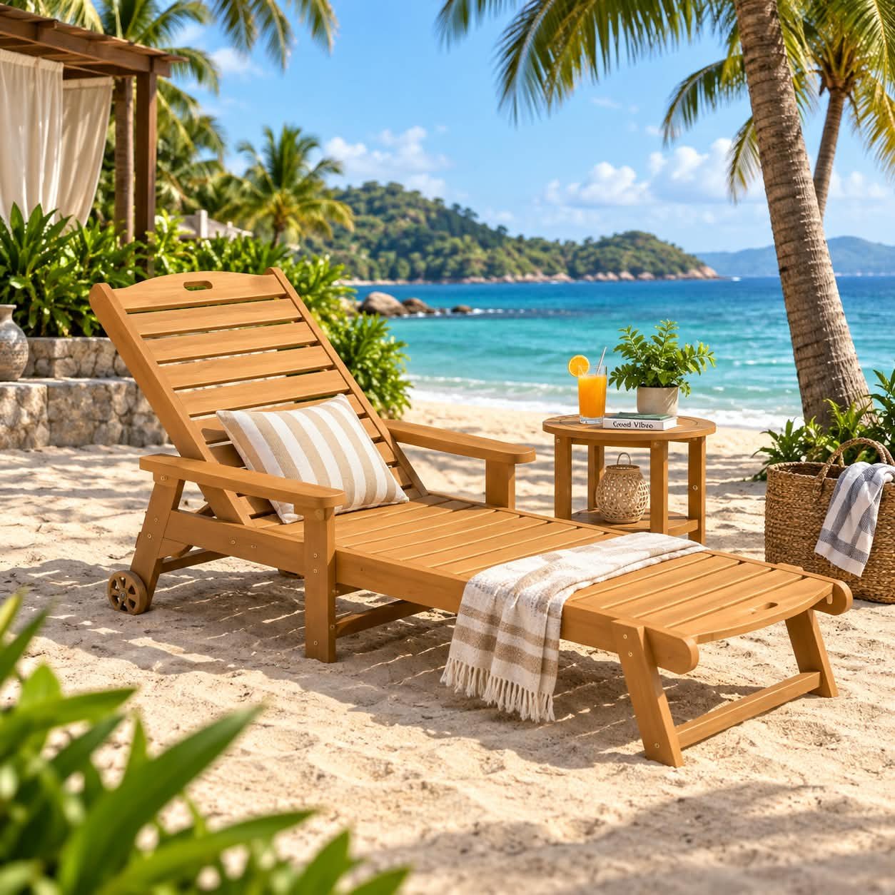 TEAK WOOD RECLINING OUTDOOR CHAISE LOUNGE WITH WHEELS - Image 1