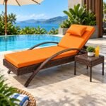 MODERN CURVED WICKER OUTDOOR CHAISE LOUNGE WITH VIBRANT RED CUSHION - Image 2
