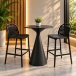 MODERN BLACK BISTRO PUB SET WITH CONICAL PEDESTAL TABLE AND SLATTED BARSTOOLS