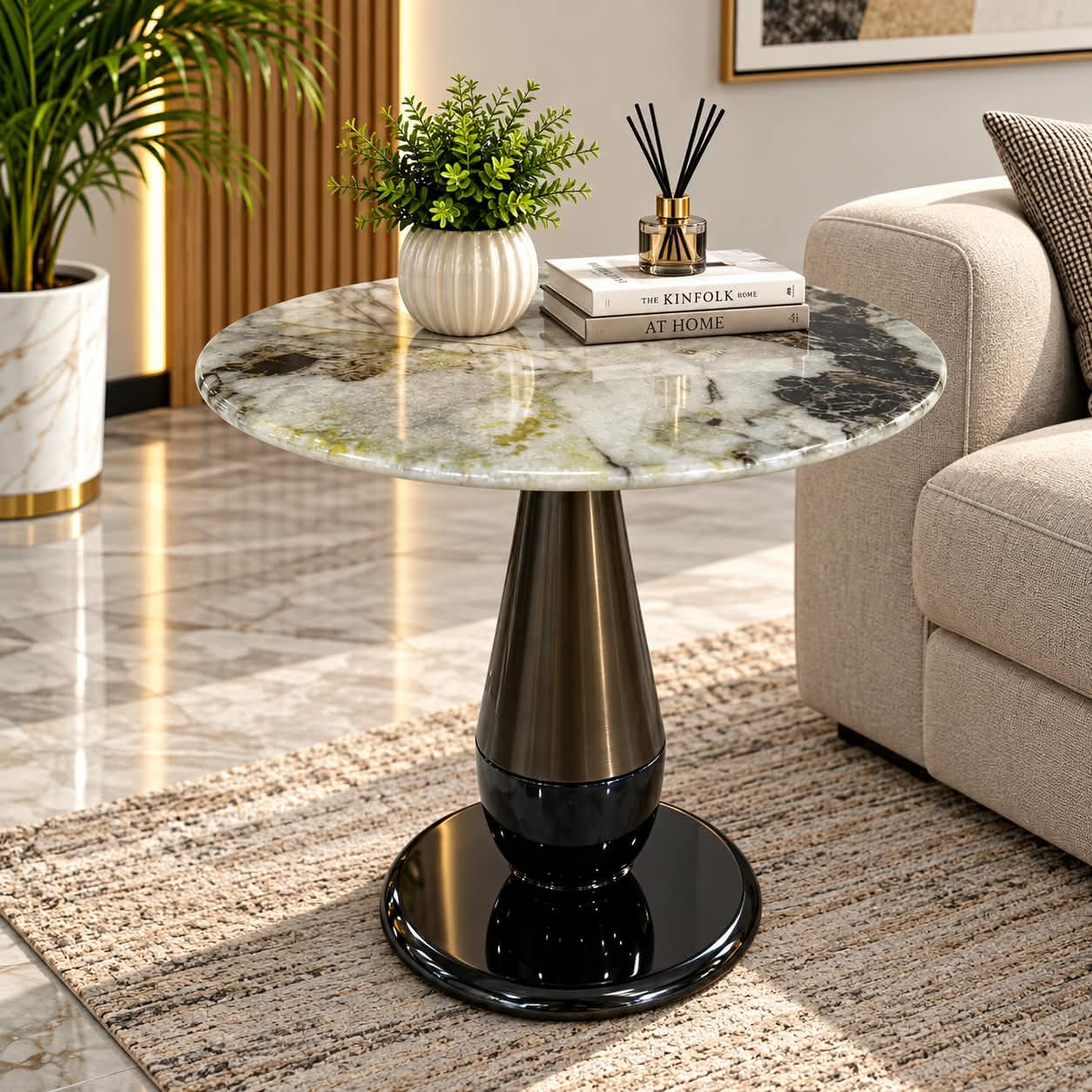 SIDE TABLE ELEGANT MARBLE & BRONZE PEDESTAL SIDE TABLE - Image 1