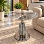 MODERN GREY MARBLE TOP SIDE TABLE WITH CHROME PEDESTAL BASE