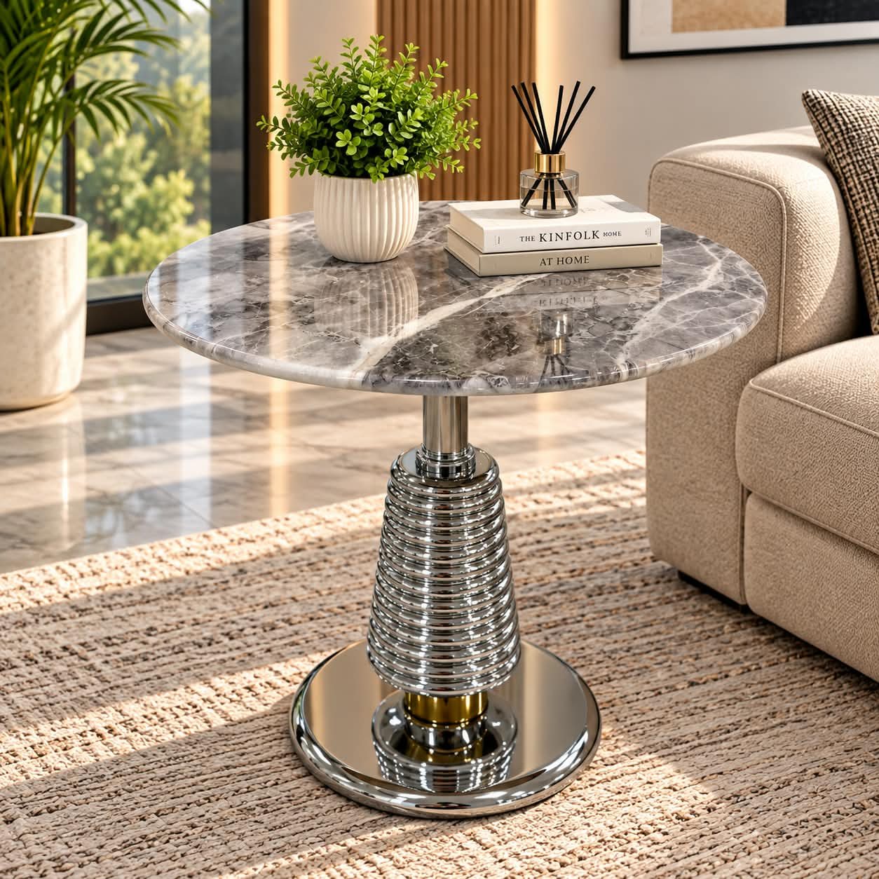 MODERN GREY MARBLE TOP SIDE TABLE WITH CHROME PEDESTAL BASE - Image 1