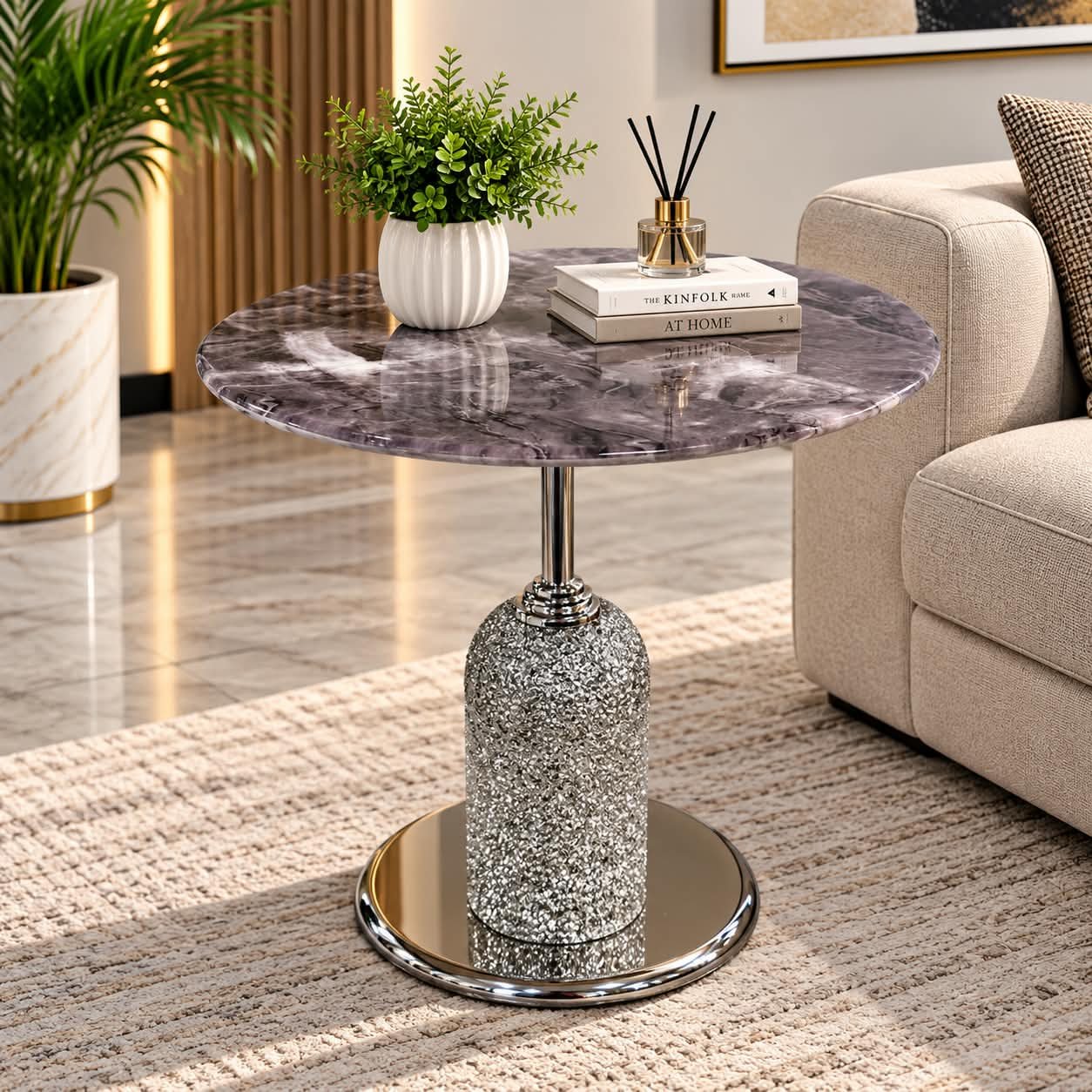 SIDE TABLE CHARCOAL MARBLE & CRUSHED CRYSTAL PEDESTAL SIDE TABLE - Image 1