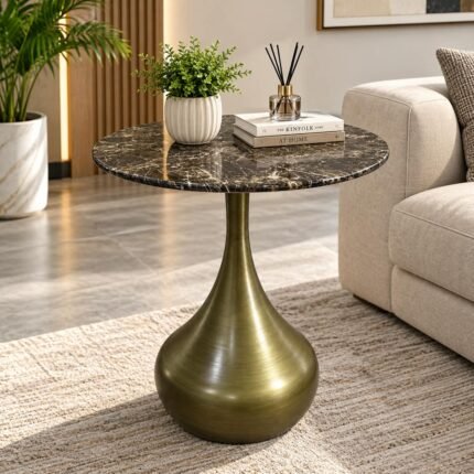 MARBLE TOP BRASS PEDESTAL SIDE TABLE