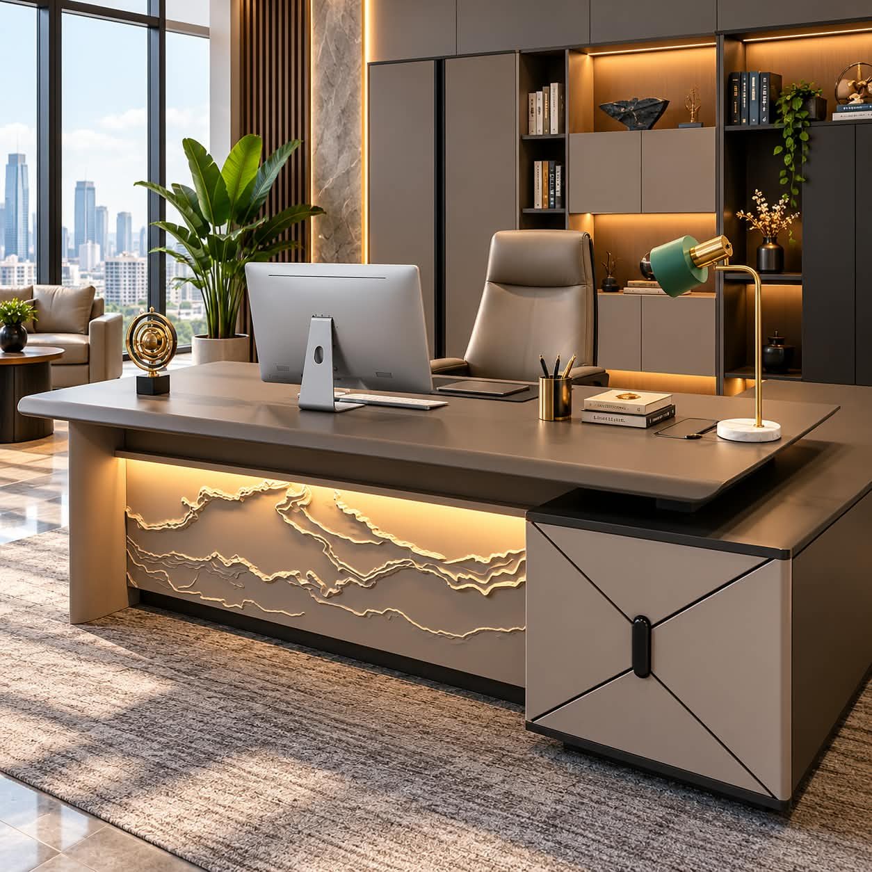.TABLE ZENITH LUXURY LED EXECUTIVE DESK WITH SCULPTED 3D RELIEF PANEL - Image 1