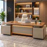 ELEGANT SOVEREIGN EXECUTIVE WALNUT & BEIGE LED DESK