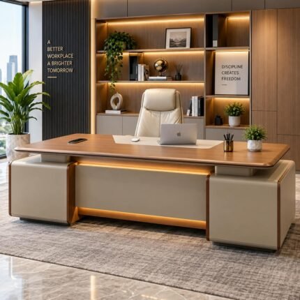 ELEGANT SOVEREIGN EXECUTIVE WALNUT & BEIGE LED DESK
