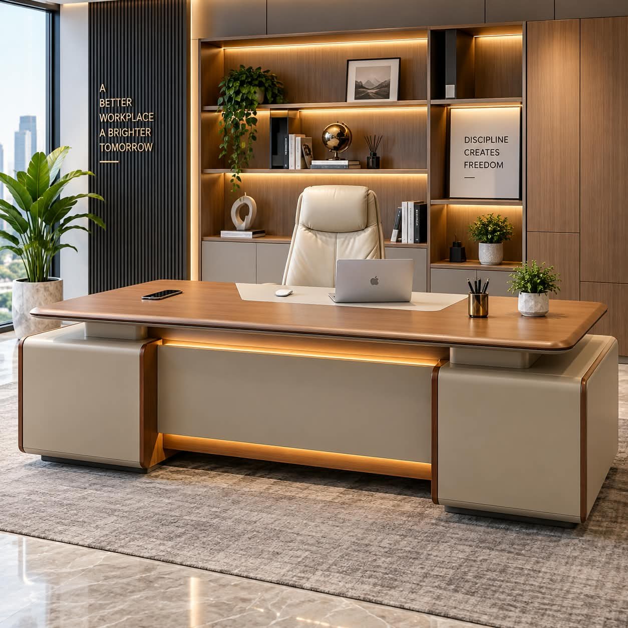TABLE ELEGANT SOVEREIGN EXECUTIVE WALNUT & BEIGE LED DESK - Image 1