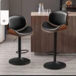 MID-CENTURY MODERN SWIVEL BAR STOOL WITH CURVED WALNUT BENTWOOD BACK AND BLACK FAUX LEATHER UPHOLSTERY