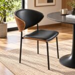 MODERN CURVED WALNUT & BLACK LEATHER DINING CHAIR
