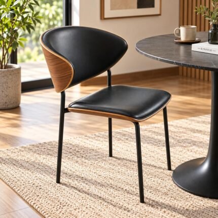 MODERN CURVED WALNUT & BLACK LEATHER DINING CHAIR