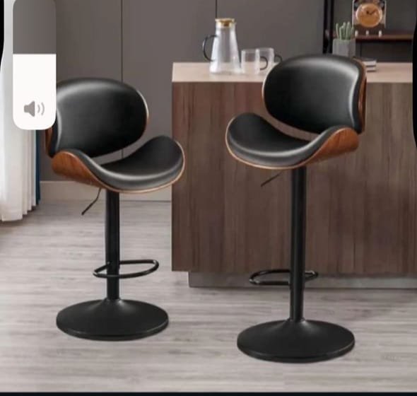 chair. MID-CENTURY MODERN SWIVEL BAR STOOL WITH CURVED WALNUT BENTWOOD BACK AND BLACK FAUX LEATHER UPHOLSTERY - Image 1