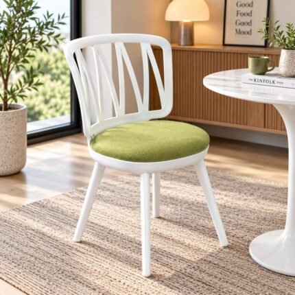SCANDINAVIAN-STYLE WHITE WOODEN DINING CHAIR WITH FABRIC CUSHION