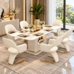 SCULPTURAL LEATHERETTE & MARBLE PEDESTAL DINING ENSEMBLE