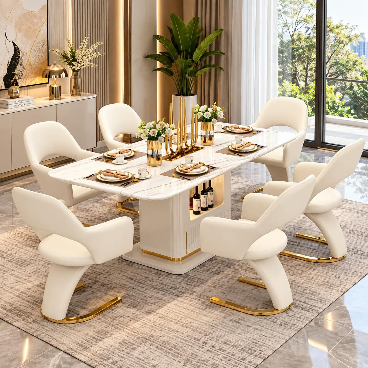 dining chair&table SCULPTURAL LEATHERETTE & MARBLE PEDESTAL DINING ENSEMBLE - Image 1