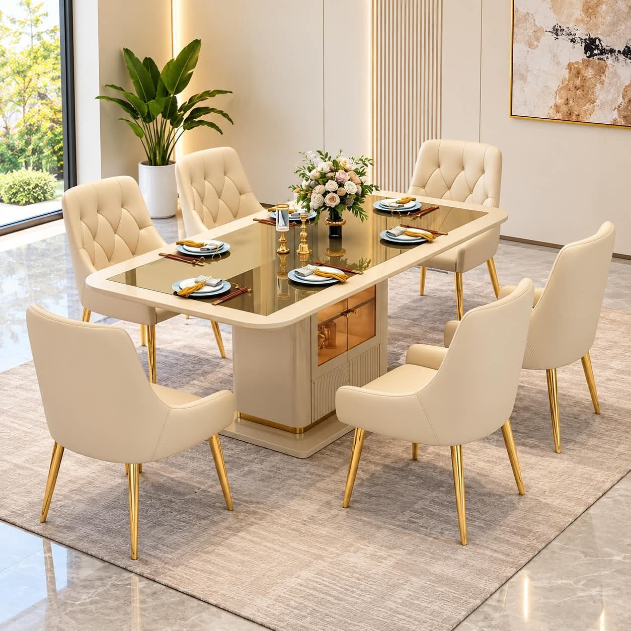 dining set OPULUXE GOLD-ACCENTED GLASS DINING TABLE WITH BUILT-IN STORAGE - Image 1