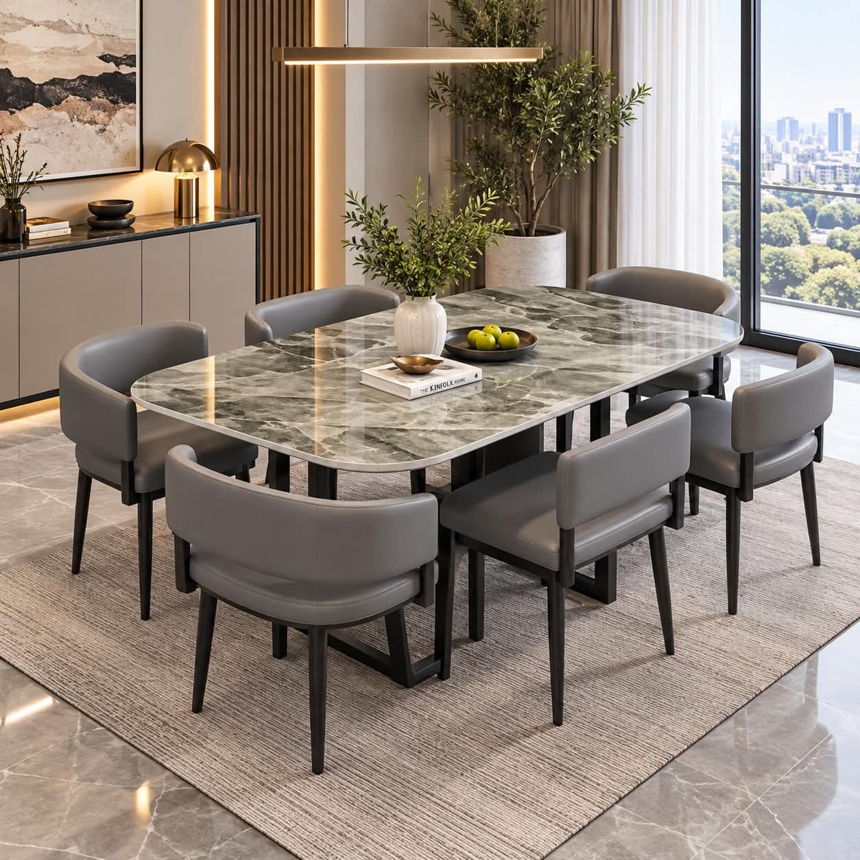 diningfurniture MARBLE-TOP DINING SET WITH UPHOLSTERED CHAIRS - Image 1